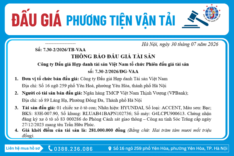 Thông Báo Đấu Giá Tài Sản số: 7.30-2/2026/ĐG-VAA