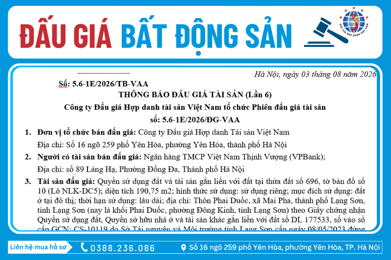 Thông Báo Đấu Giá Tài Sản số: 5.6-1E/2026/ĐG-VAA  (Lần 6)