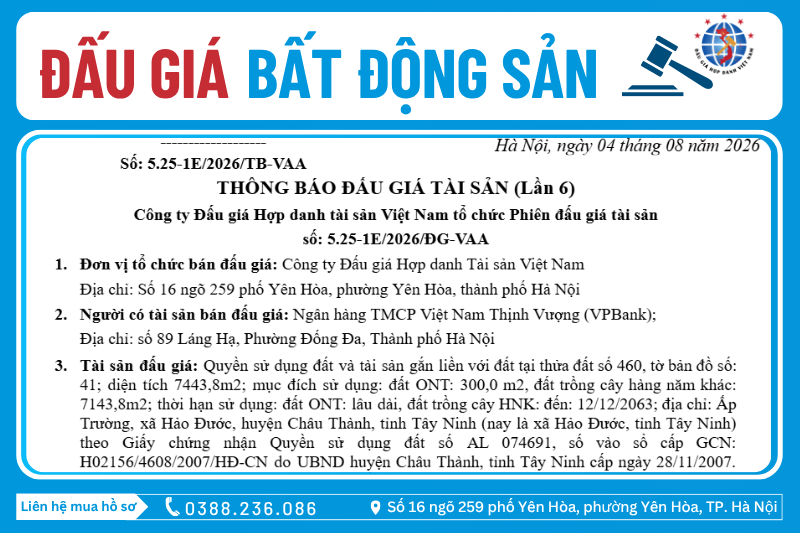 Thông Báo Đấu Giá Tài Sản số: 5.25-1E/2026/ĐG-VAA  (Lần 6)