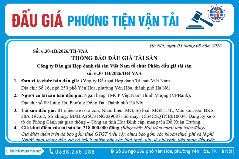 Thông Báo Đấu Giá Tài Sản số: 6.30-1B/2026/ĐG-VAA