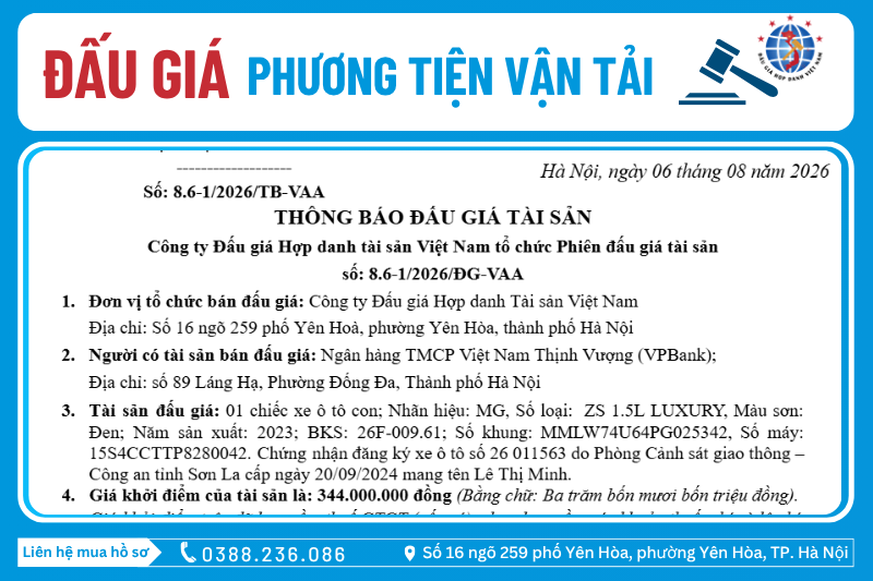Thông Báo Đấu Giá Tài Sản số: 8.6-1/2026/ĐG-VAA