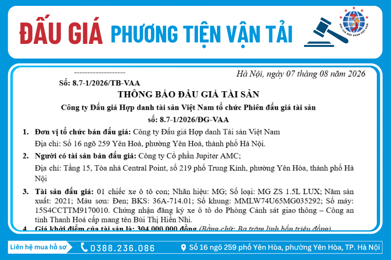 Thông Báo Đấu Giá Tài Sản số: 8.7-1/2026/ĐG-VAA