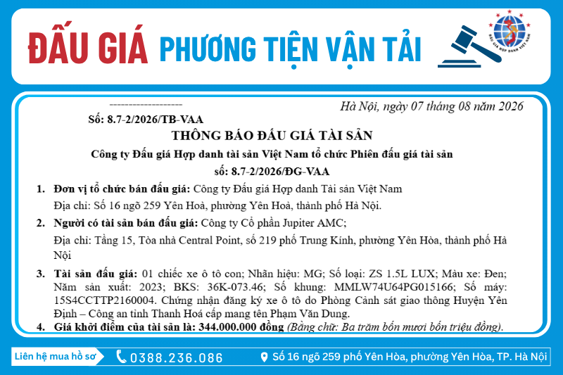 Thông Báo Đấu Giá Tài Sản số: 8.7-2/2026/ĐG-VAA 