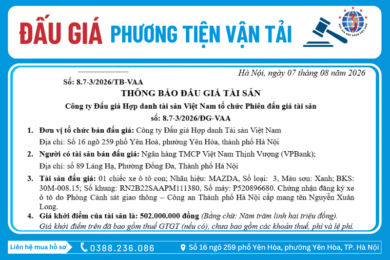 Thông Báo Đấu Giá Tài Sản số: 8.7-3/2026/ĐG-VAA