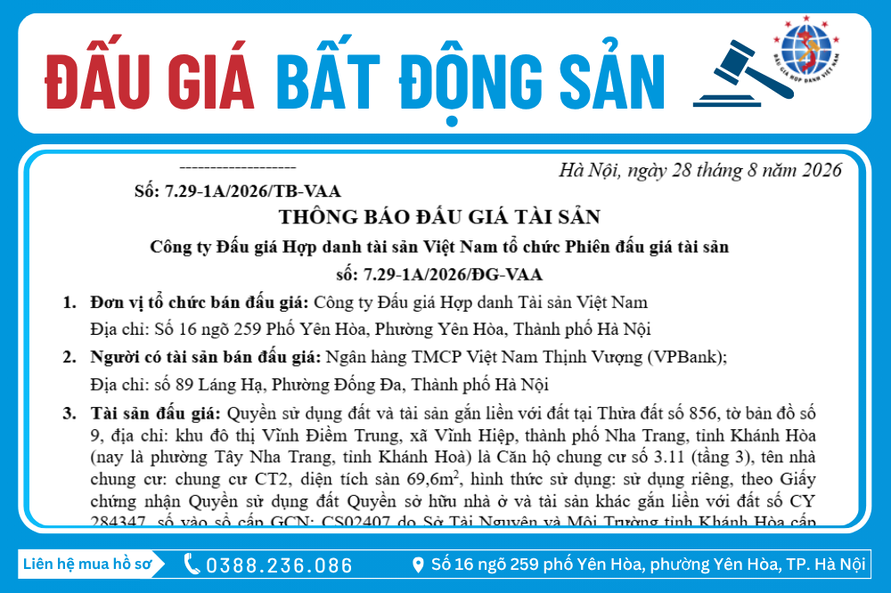 Thông Báo Đấu Giá Tài Sản số: 7.29-1A/2026/ĐG-VAA