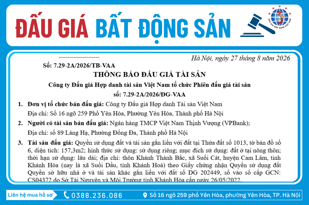 Thông Báo Đấu Giá Tài Sản số: 7.29-2A/2026/ĐG-VAA 