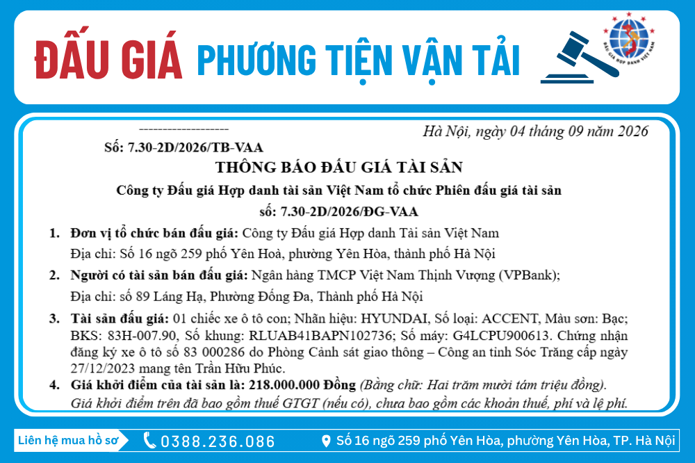 Thông Báo Đấu Giá Tài Sản số: 7.30-2D/2026/ĐG-VAA 