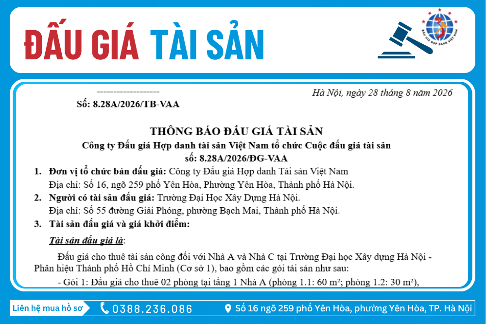 Thông Báo Đấu Giá Tài Sản số: 8.28A/2026/ĐG-VAA