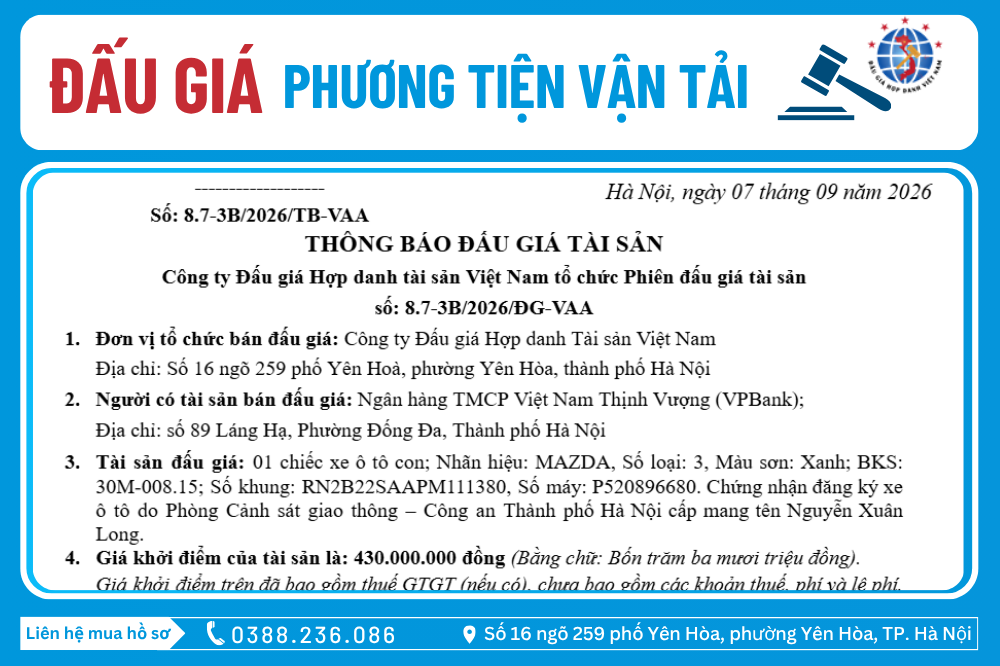 Thông Báo Đấu Giá Tài Sản số: 8.7-3B/2026/ĐG-VAA