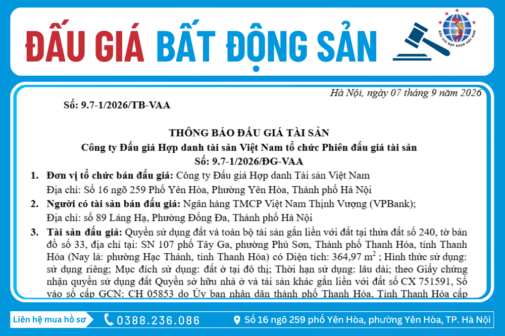 Thông Báo Đấu Giá Tài Sản số: 9.7-1/2026/ĐG-VAA