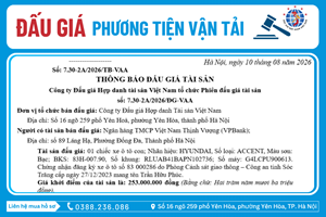 Thông Báo Đấu Giá Tài Sản số: 7.30-2A/2026/ĐG-VAA 