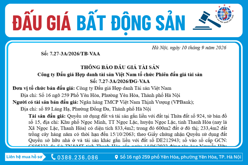 Thông Báo Đấu Giá Tài Sản số: 7.27-3A/2026/ĐG-VAA