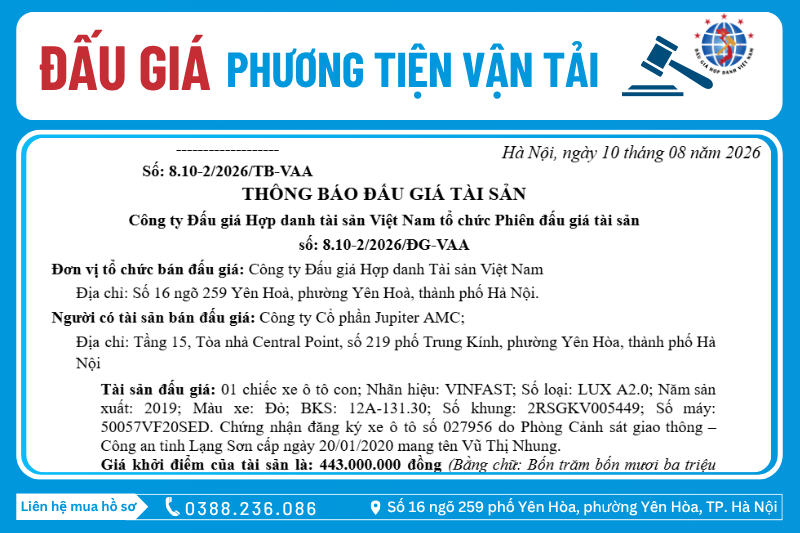 Thông Báo Đấu Giá Tài Sản số: 8.10-2/2026/ĐG-VAA