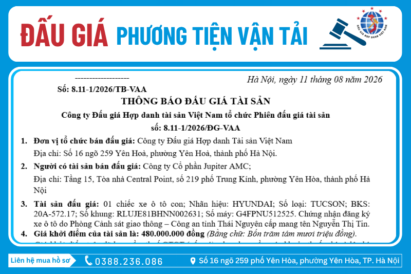 Thông Báo Đấu Giá Tài Sản số: 8.11-1/2026/ĐG-VAA