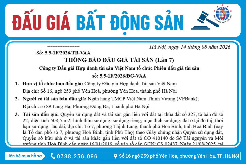 Thông Báo Đấu Giá Tài Sản số: 5.5-1F/2026/ĐG-VAA (Lần 7)