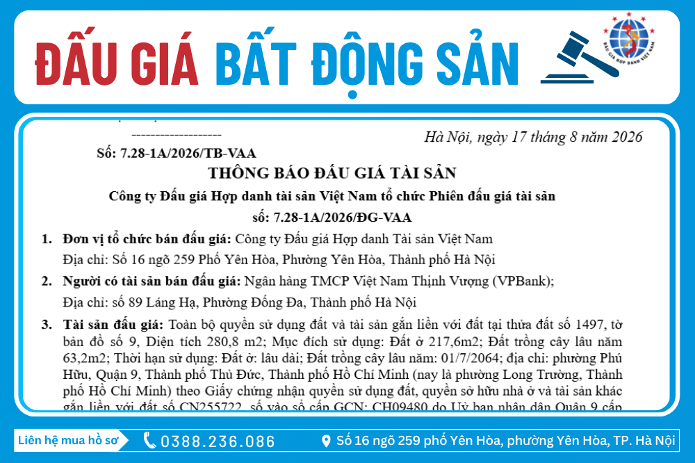 Thông Báo Đấu Giá Tài Sản số: 7.28-1A/2026/ĐG-VAA