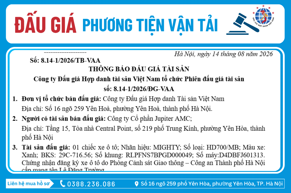 Thông Báo Đấu Giá Tài Sản số: 8.14-1/2026/ĐG-VAA