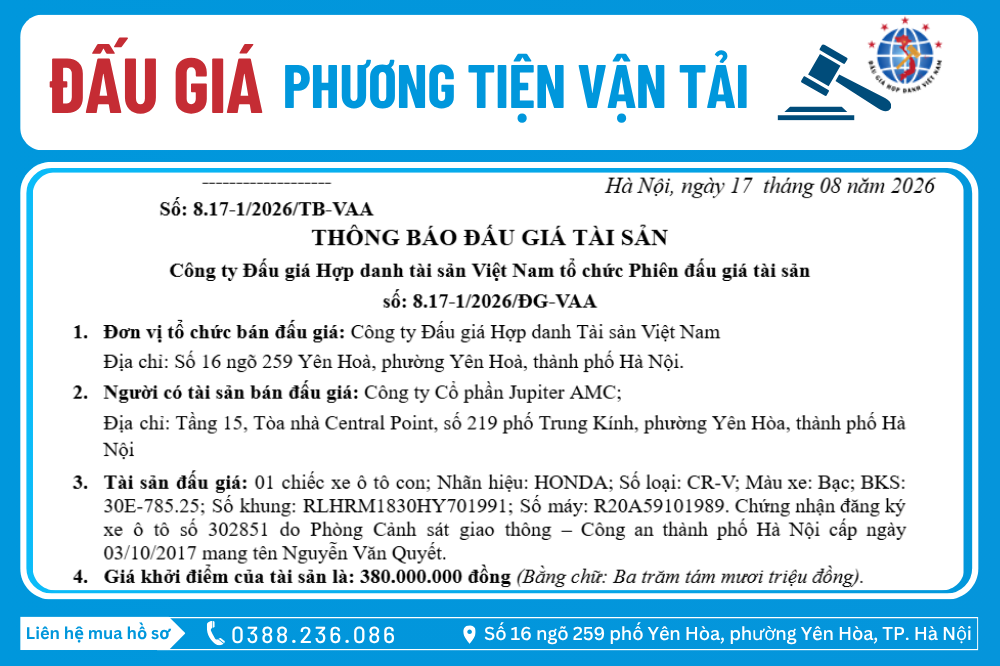 Thông Báo Đấu Giá Tài Sản số: 8.17-1/2026/ĐG-VAA