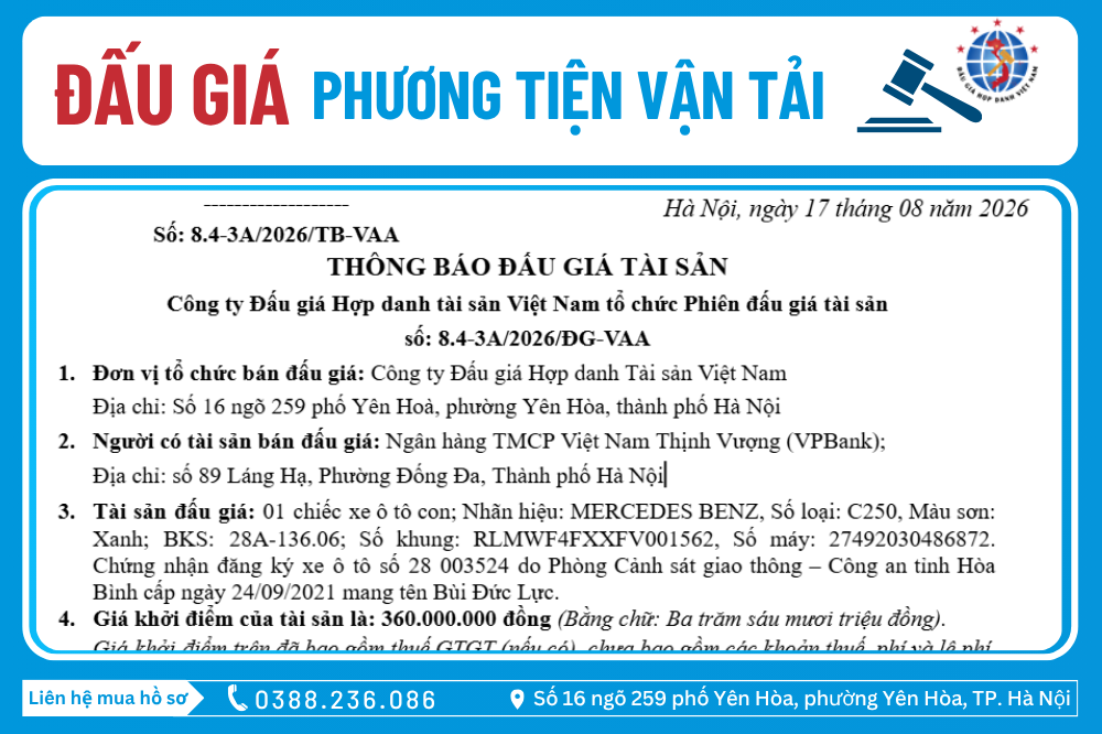 Thông Báo Đấu Giá Tài Sản số:  8.4-3A/2026/ĐG-VAA 
