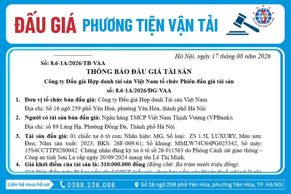 Thông Báo Đấu Giá Tài Sản số: 8.6-1A/2026/ĐG-VAA