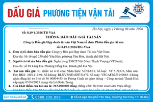 Thông Báo Đấu Giá Tài Sản số:  8.19-1/2026/ĐG-VAA 