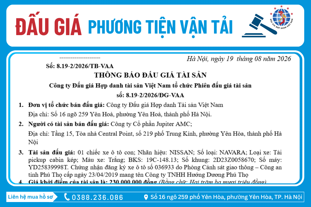 Thông Báo Đấu Giá Tài Sản số: 8.19-2/2026/ĐG-VAA