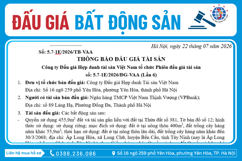 Thông Báo Đấu Giá Tài Sản số: 5.7-1E/2026/ĐG-VAA (Lần 6)