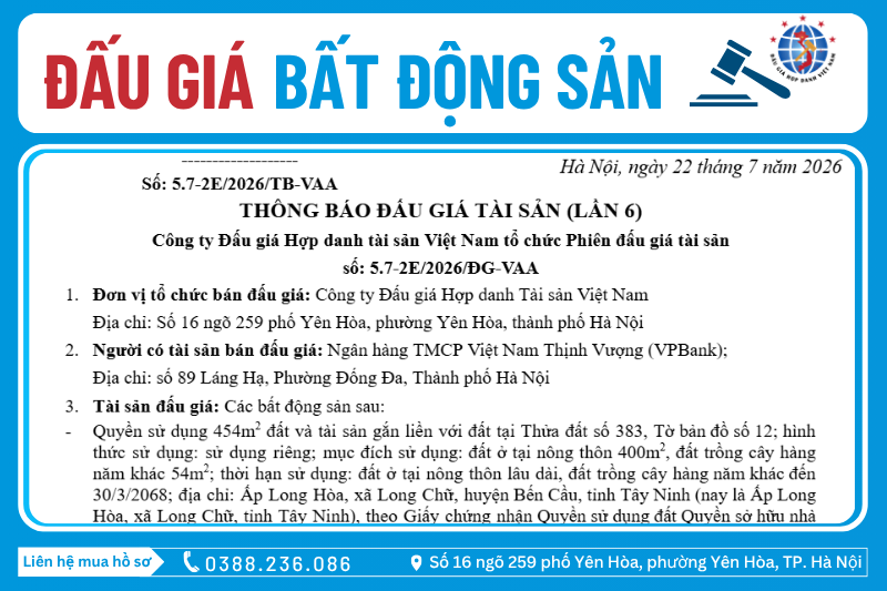 Thông Báo Đấu Giá Tài Sản số: 5.7-2E/2026/ĐG-VAA (Lần 6)