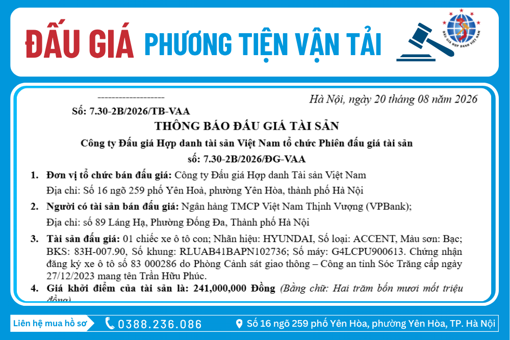 Thông Báo Đấu Giá Tài Sản số: 7.30-2B/2026/ĐG-VAA