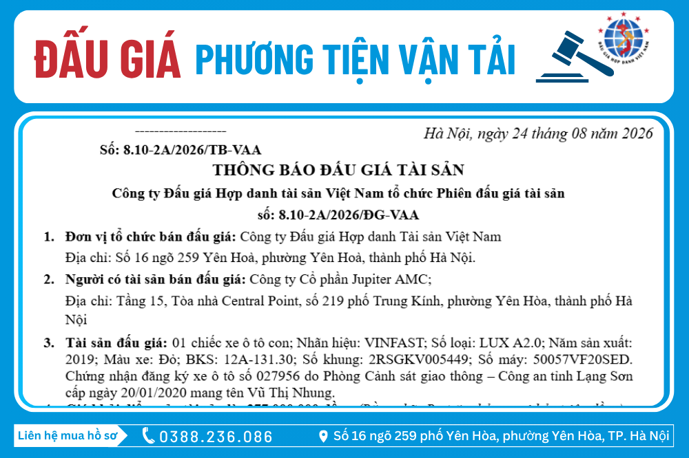 Thông Báo Đấu Giá Tài Sản số: 8.10-2A/2026/ĐG-VAA