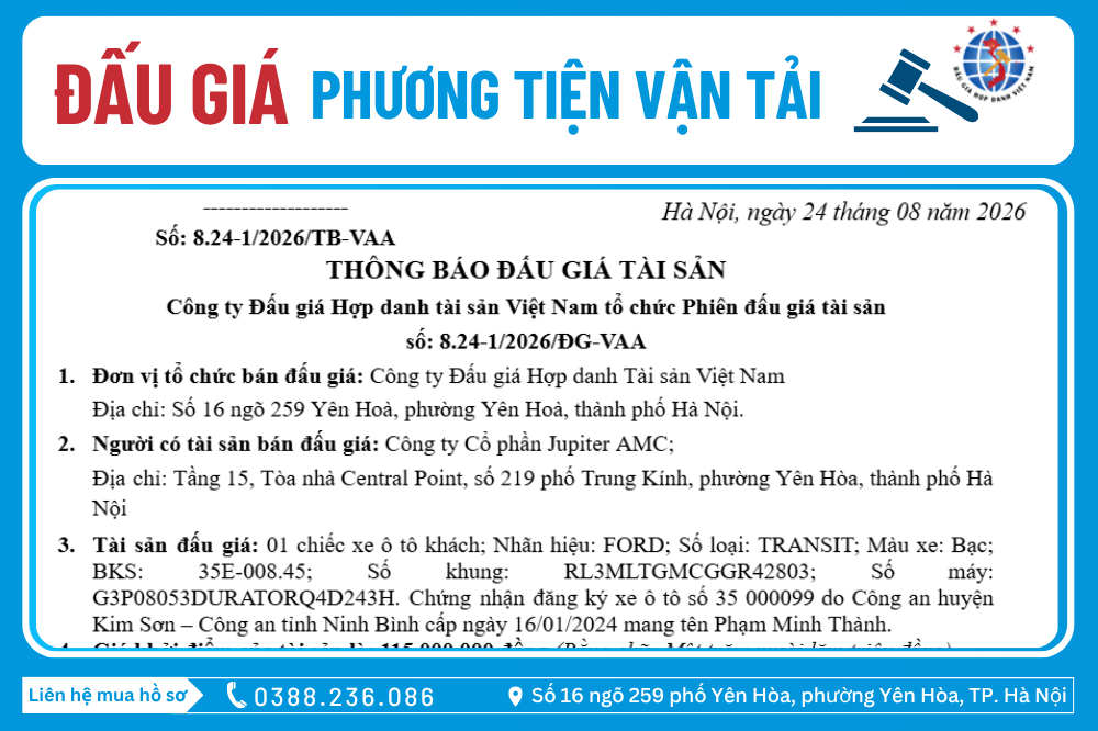 Thông Báo Đấu Giá Tài Sản số: 8.24-1/2026/ĐG-VAA