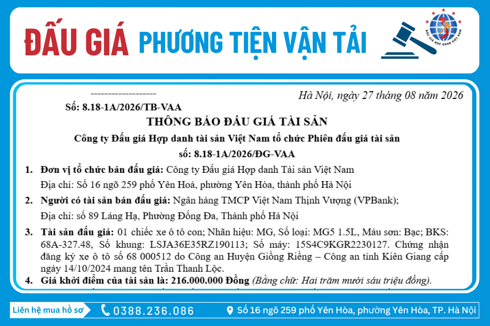 Thông Báo Đấu Giá Tài Sản số: 8.18-1A/2026/ĐG-VAA