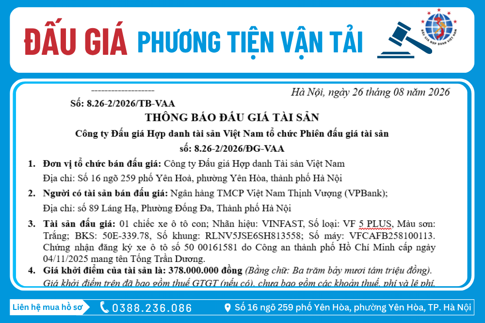 Thông Báo Đấu Giá Tài Sản số: 8.26-2/2026/ĐG-VAA