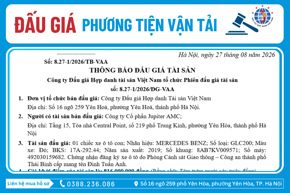 Thông Báo Đấu Giá Tài Sản số: 8.27-1/2026/ĐG-VAA