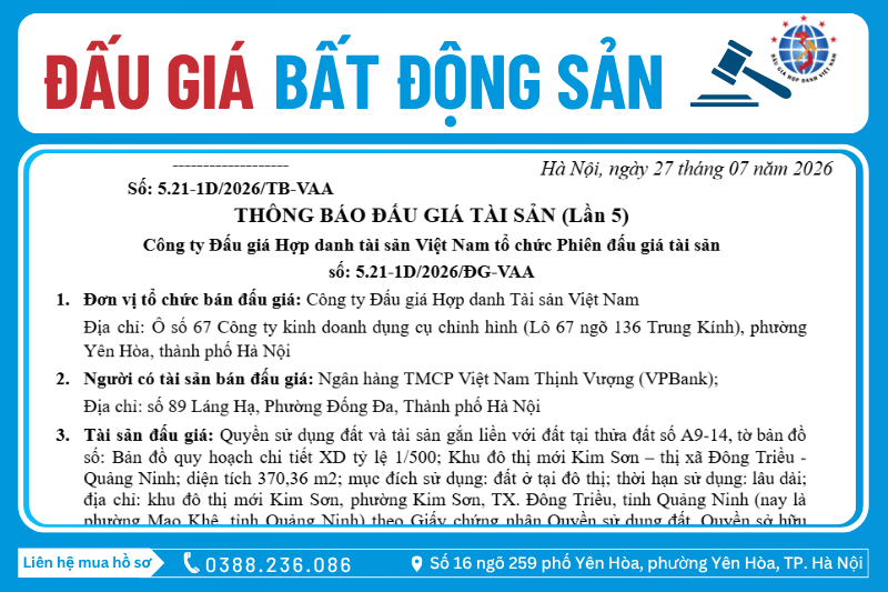 Thông Báo Đấu Giá Tài Sản số: 5.21-1D/2026/ĐG-VAA (Lần 5)