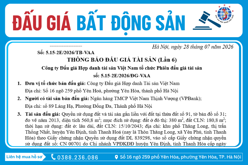 Thông Báo Đấu Giá Tài Sản số: 5.15-2E/2026/ĐG-VAA (Lần 6)