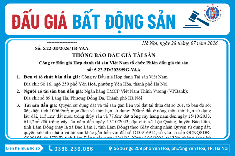 Thông Báo Đấu Giá Tài Sản số: 5.22-3D/2026/ĐG-VAA