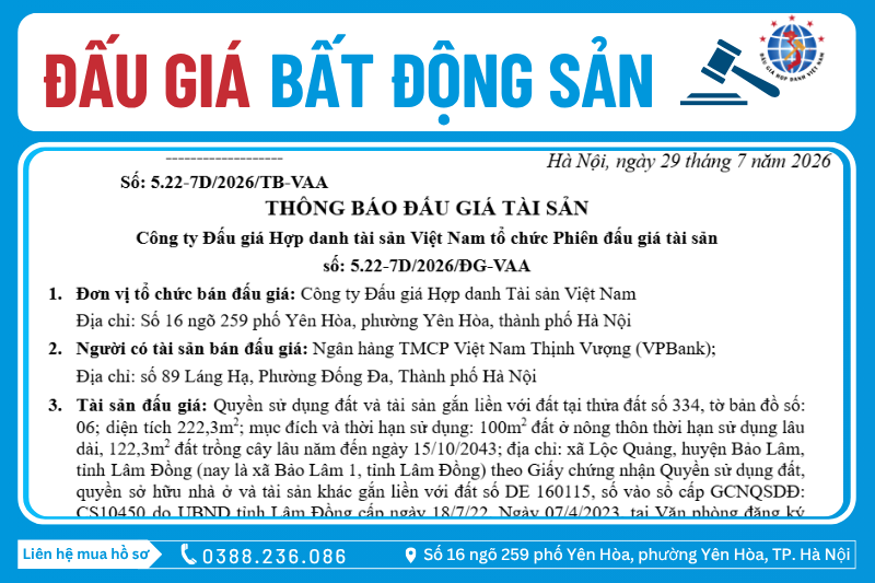 Thông Báo Đấu Giá Tài Sản số: 5.22-7D/2026/ĐG-VAA