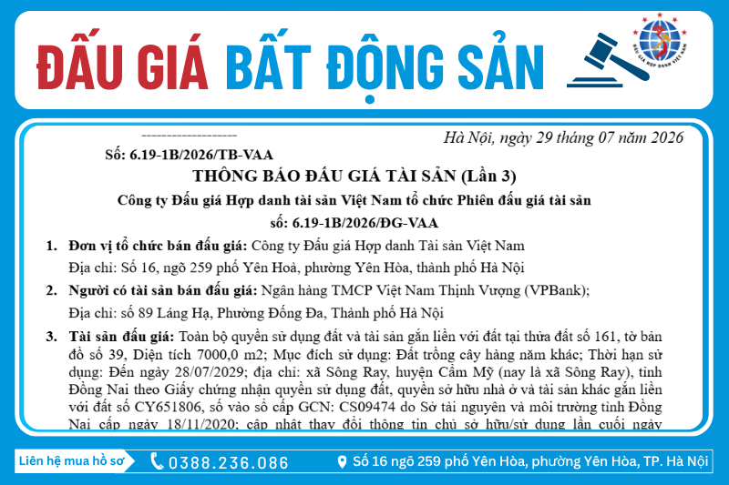 Thông Báo Đấu Giá Tài Sản số: 6.19-1B/2026/ĐG-VAA (Lần 3)
