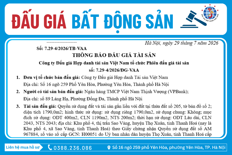 Thông Báo Đấu Giá Tài Sản số: 7.29-4/2026/ĐG-VAA