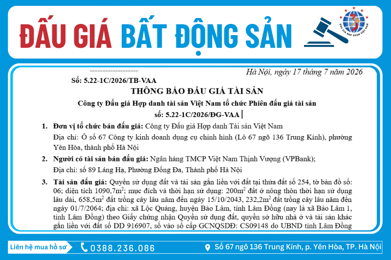 Thông Báo Đấu Giá Tài Sản số: 5.22-1C/2026/ĐG-VAA 