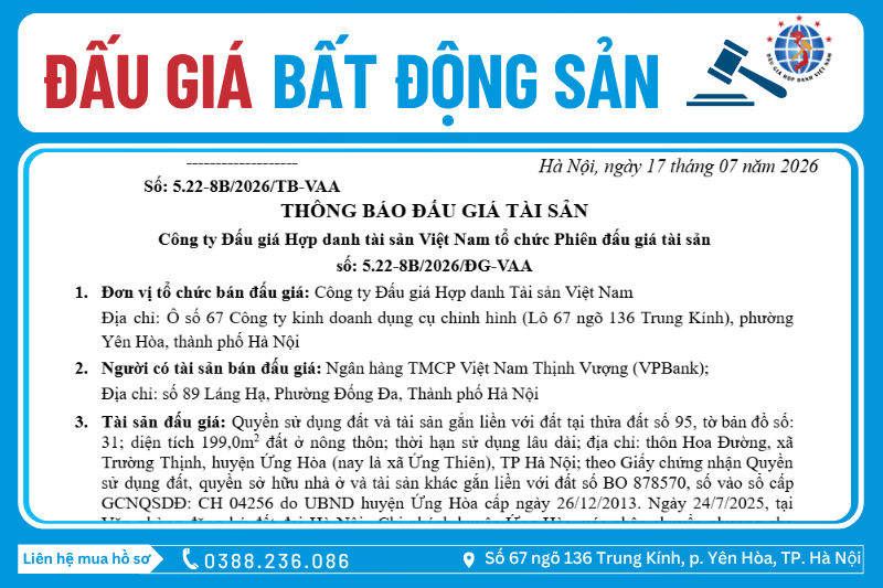 Thông Báo Đấu Giá Tài Sản số: 5.22-8B/2026/ĐG-VAA