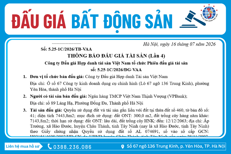 Thông Báo Đấu Giá Tài Sản số: 5.25-1C/2026/ĐG-VAA (Lần 4)