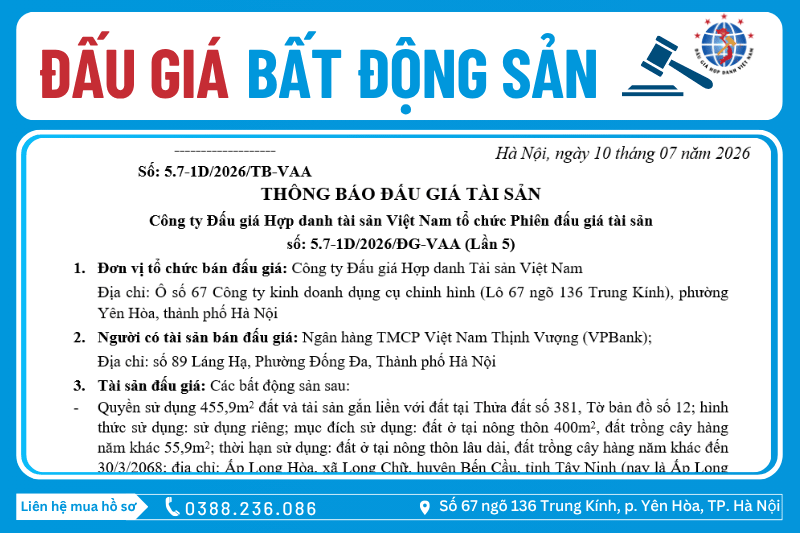 Thông Báo Đấu Giá Tài Sản số: 5.7-1D/2026/ĐG-VAA (Lần 5)
