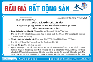 Thông Báo Đấu Giá Tài Sản số: 5.7-1D/2026/ĐG-VAA (Lần 5)