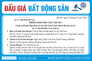 Thông Báo Đấu Giá Tài Sản số: 5.7-3D/2026/ĐG-VAA (Lần 5)