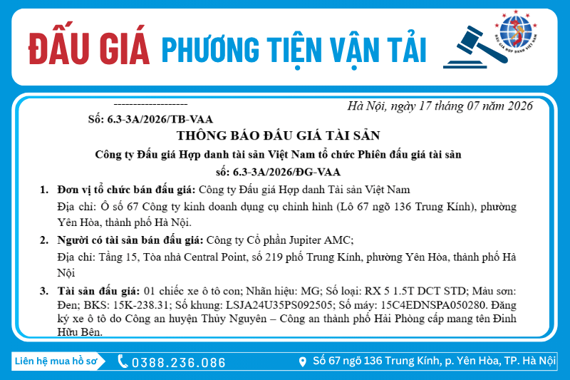 Thông Báo Đấu Giá Tài Sản số: 6.3-3A/2026/ĐG-VAA 
